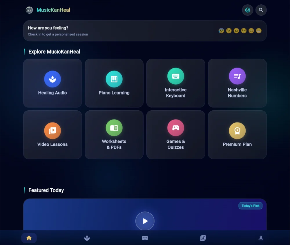 MusicKanHeal home dashboard on tablet