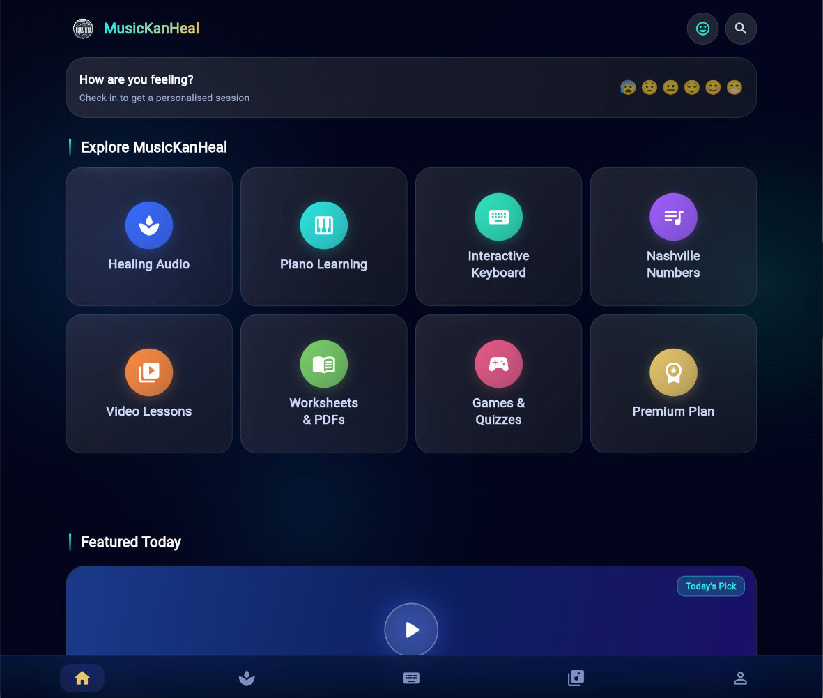 MusicKanHeal app &mdash; Home dashboard on tablet