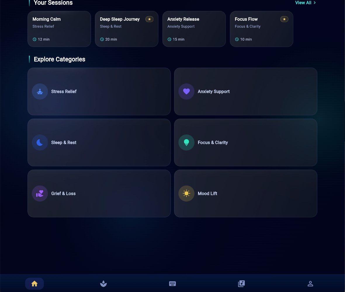 MusicKanHeal app &mdash; Home categories on tablet