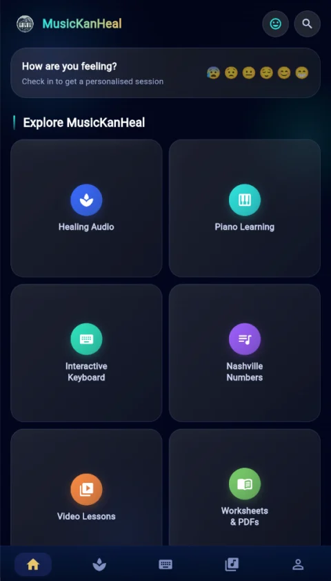 MusicKanHeal app home grid on mobile