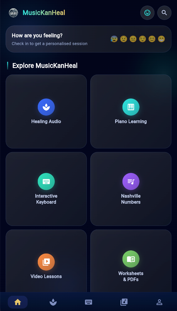MusicKanHeal app &mdash; Home grid on mobile