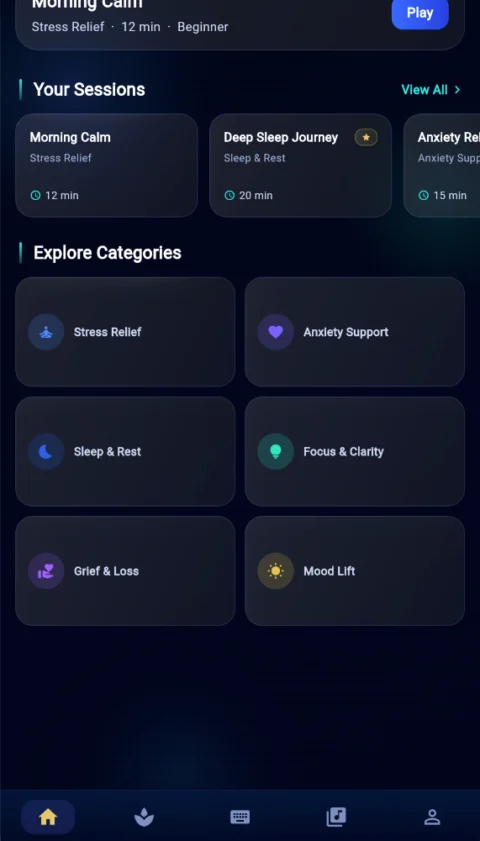 MusicKanHeal app categories on mobile