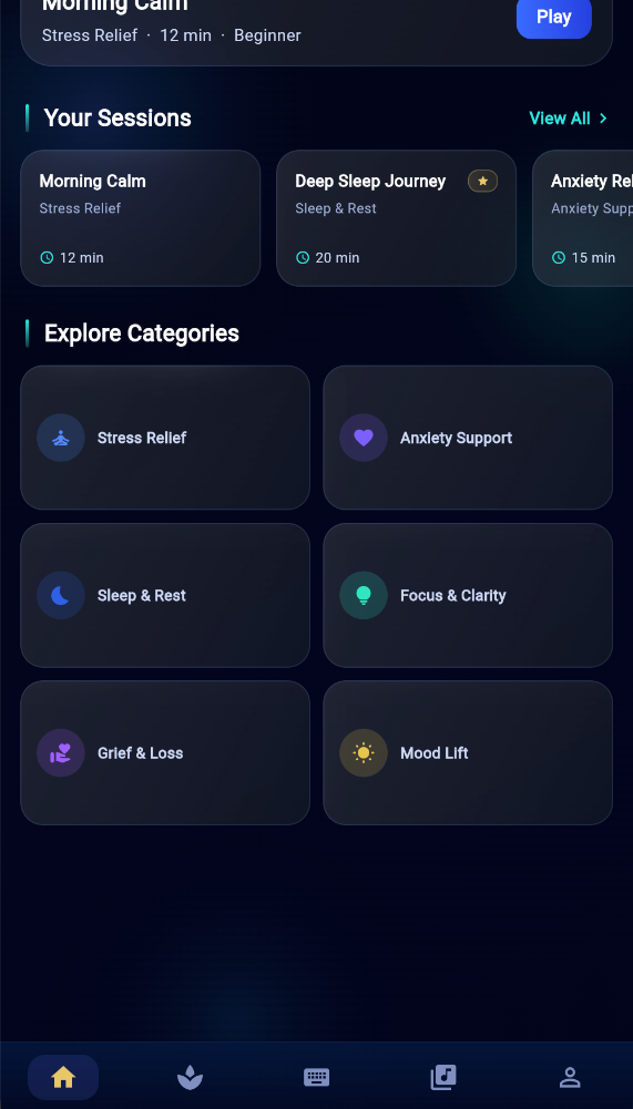 MusicKanHeal app &mdash; Home categories on mobile