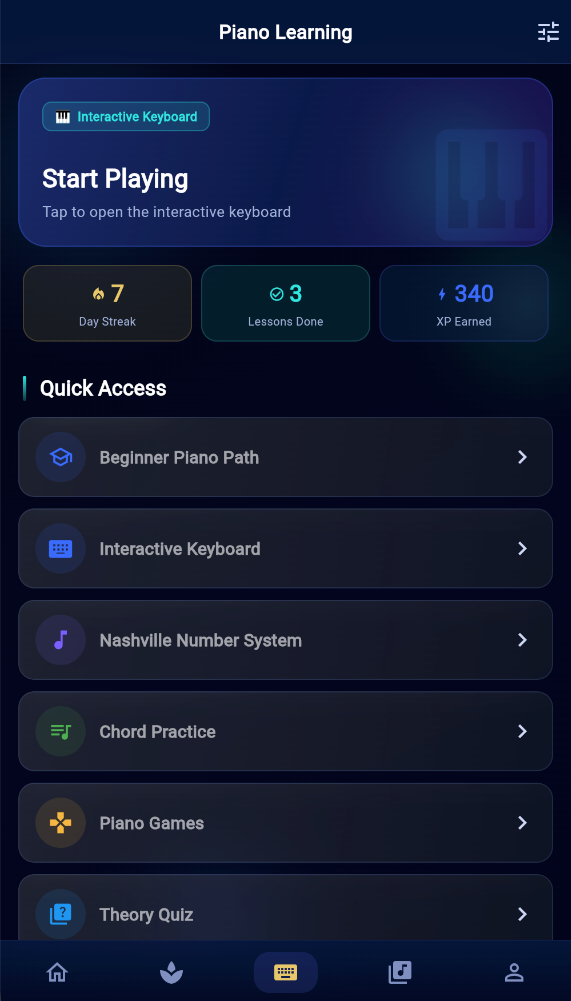 MusicKanHeal app &mdash; Piano dashboard on mobile