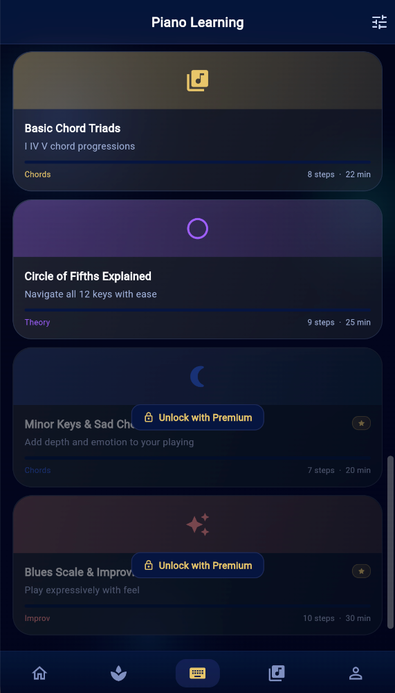 MusicKanHeal app &mdash; Premium piano lessons on mobile