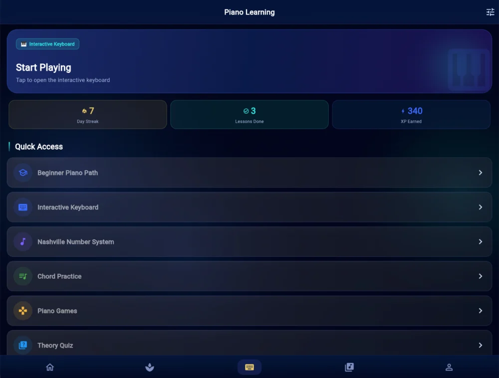 MusicKanHeal piano dashboard in landscape