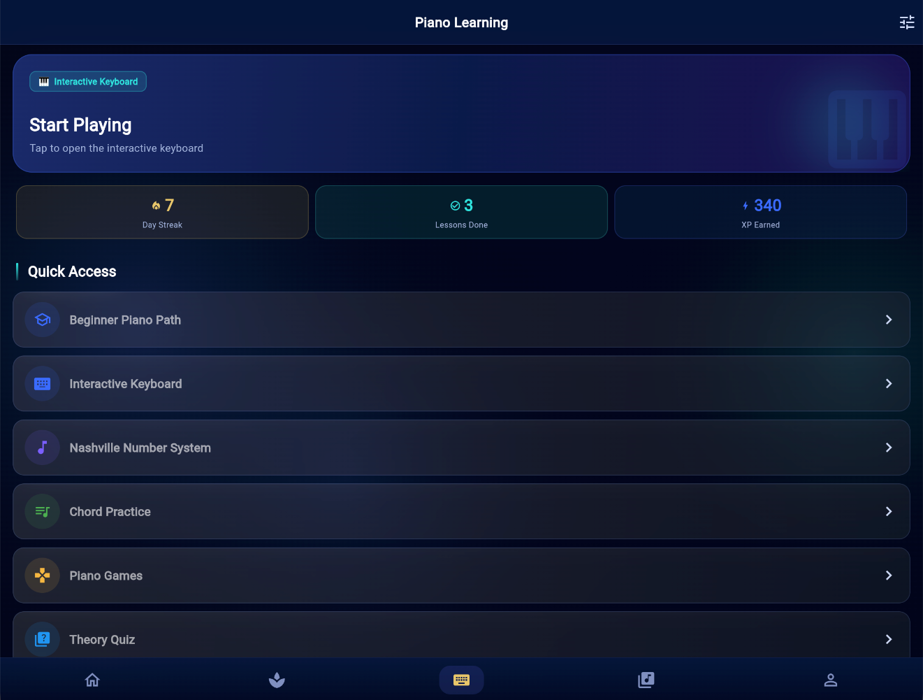 MusicKanHeal app &mdash; Piano dashboard landscape