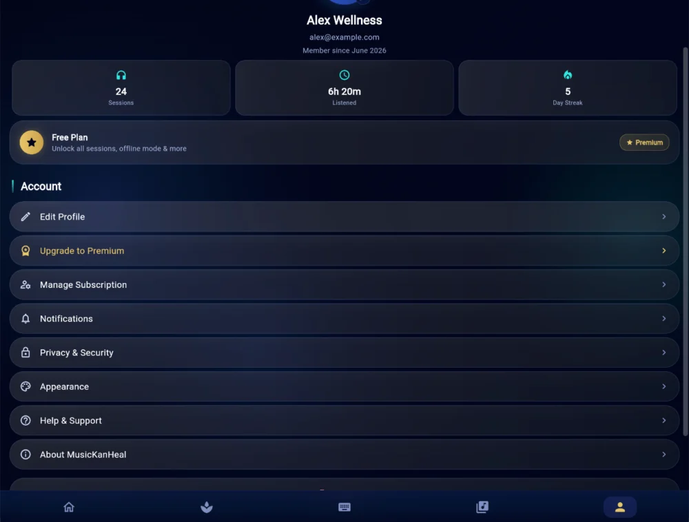 MusicKanHeal profile screen in landscape