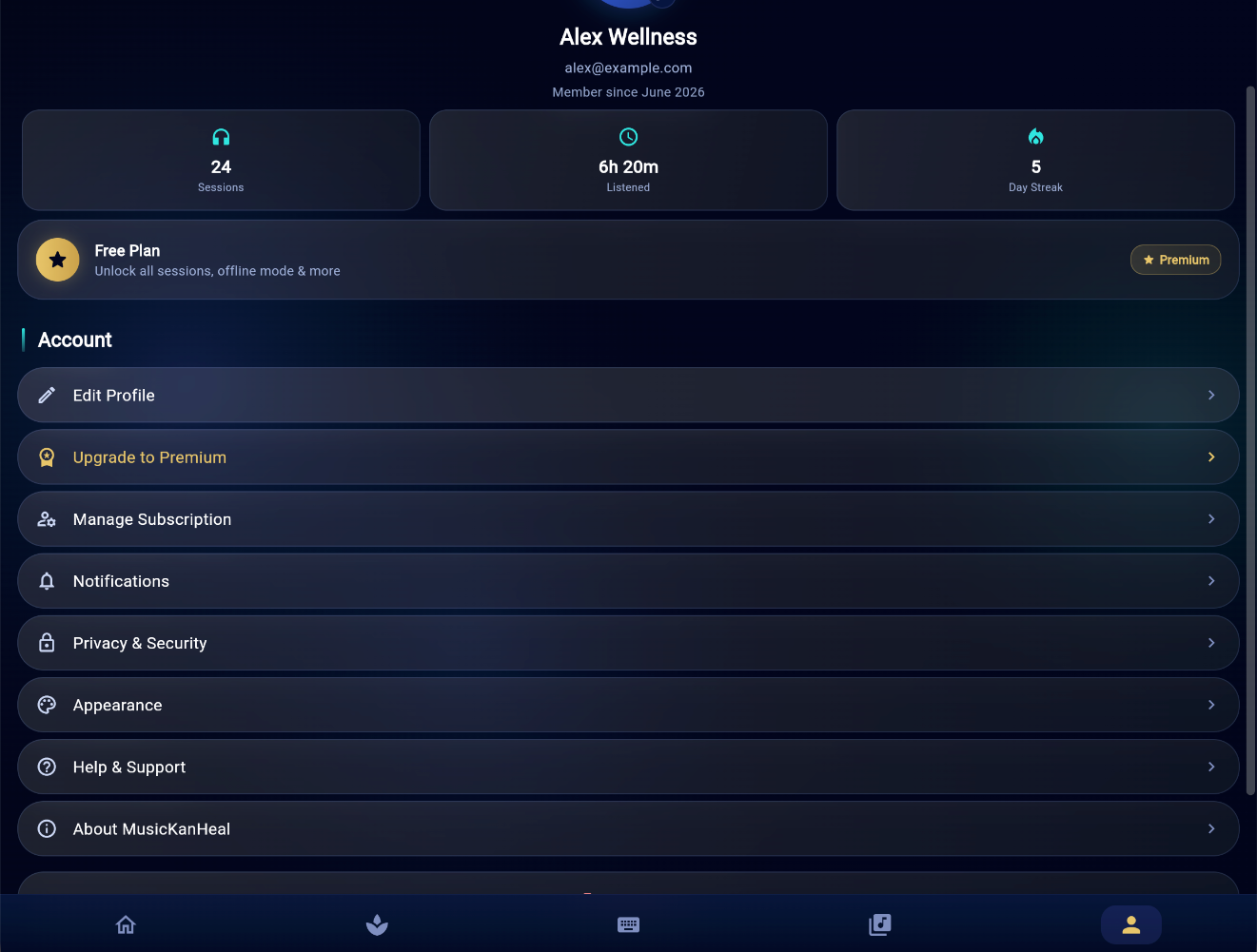 MusicKanHeal app &mdash; Profile screen landscape