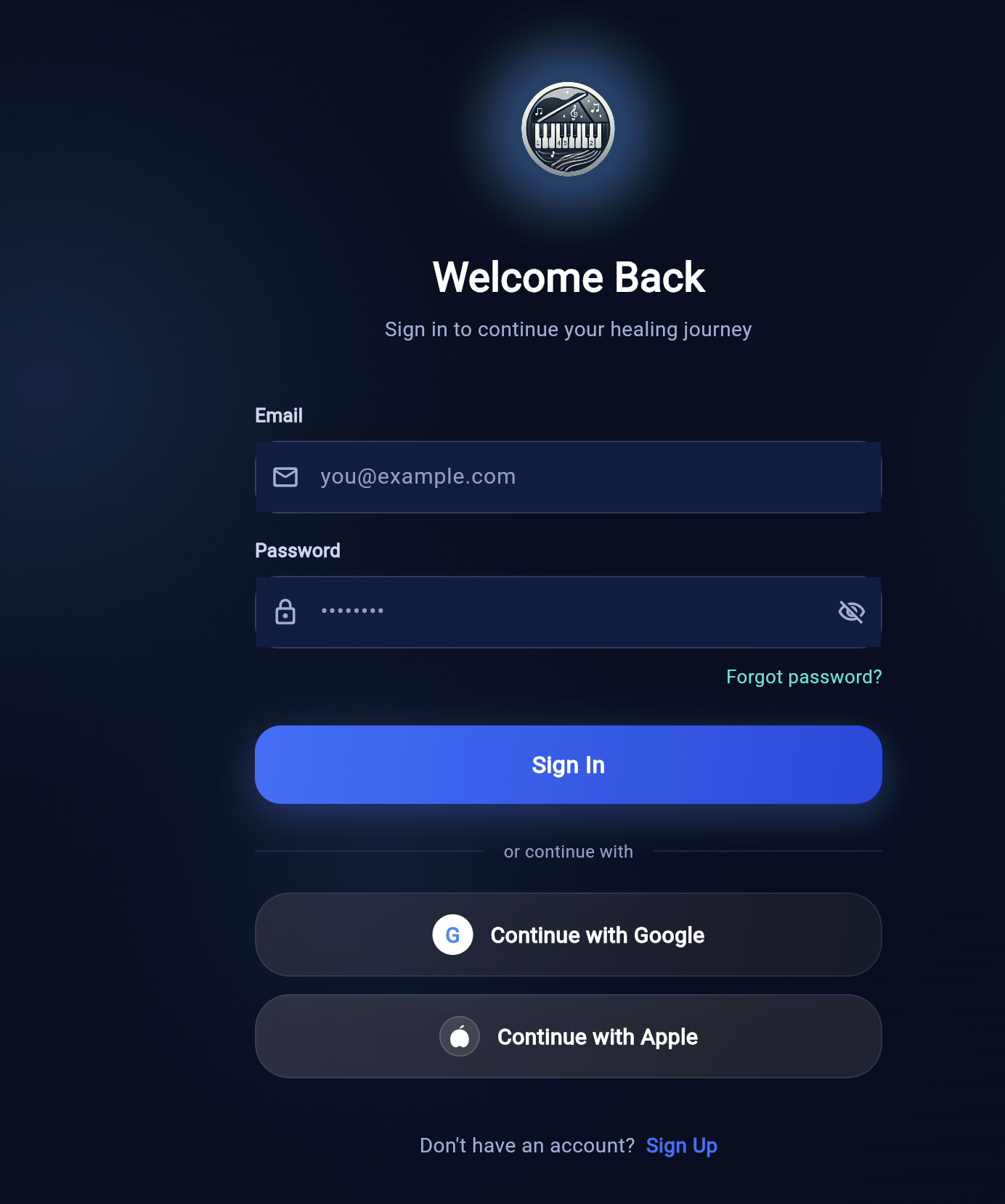 MusicKanHeal app &mdash; Login screen detail