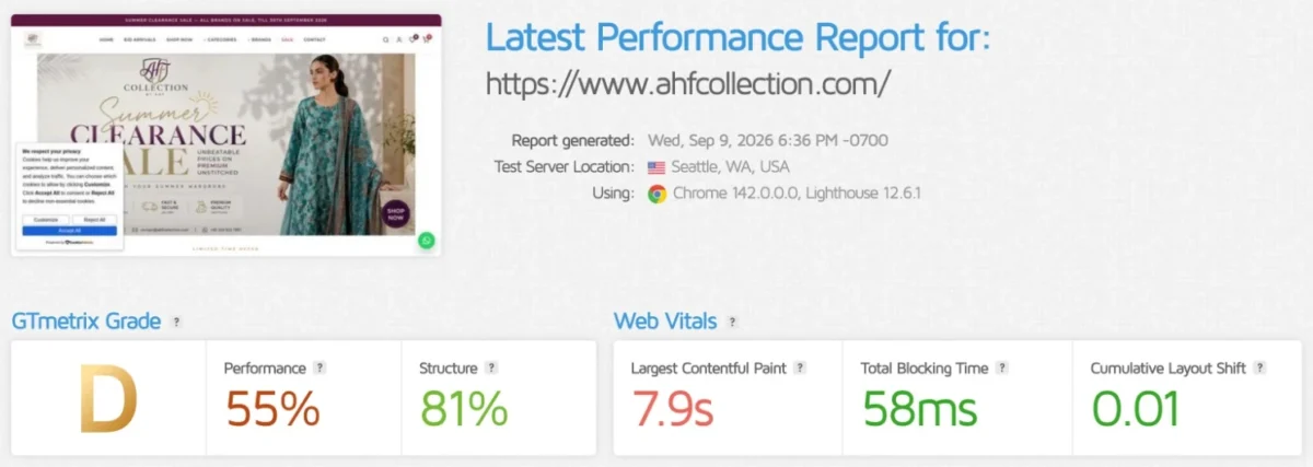 AHF Collection GTmetrix report before optimization: grade D, LCP 7.9s
